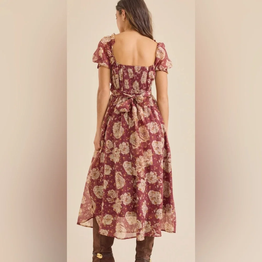 Altar’d State Burgundy & Cream Chiffon Floral Midi Dress by Blue Pepper Size M - Picture 2 of 9